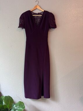 Elegant Plum Midi Dress with Lace Sleeves